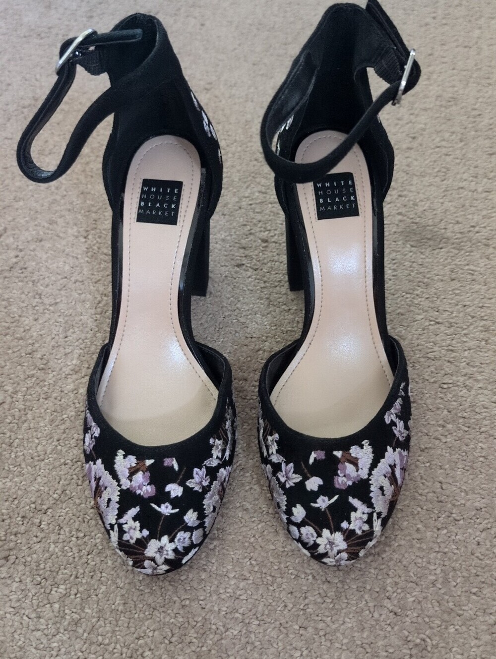 White House Black Market Embroidered Floral Suede Chunky Strapped Heels